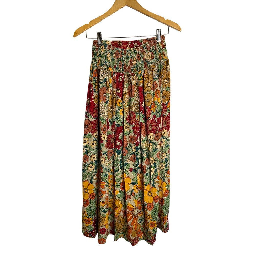 Natural Life Floral Maxi Skirt Ruched Back Waist Side Slit Boho Cottagecore XS - Picture 2 of 7